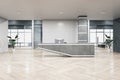 Modern concrete and hardwood office interior with reception desk and window with city view. Office lobby and waiting area concept Royalty Free Stock Photo