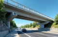 Modern concrete highway overpass with guardrail in natural setting. Elevated view of two-lane road with black SUV below. Gray Royalty Free Stock Photo
