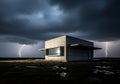 Modern Concrete House in Storm, Lightning and Cloudy Sky Royalty Free Stock Photo