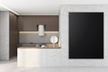 Modern concrete kitchen interior with empty black poster on wall and sunlight. 3D Rendering Royalty Free Stock Photo