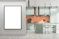 Modern concrete kitchen interior with empty white mock up banner, daylight, furniture and island. Design concept. Royalty Free Stock Photo