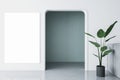 Modern concrete living room interior with decorative plant, arch and white mock up poster. Design and decor concept Royalty Free Stock Photo