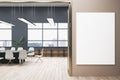 Modern concrete meeting room office interior with white mock up banner on wall, window and city view, wooden flooring, furniture Royalty Free Stock Photo