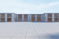 Modern concrete office building exterior on bright blue sky backgroound. 3D