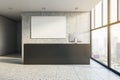 Modern concrete office interior with empty white mock up banner, black reception desk and panoramic windows with city view. Lobby