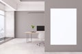 Modern concrete office interior with empty white mock up poster, panoramic city view, desktop with computer and daylight. 3D Royalty Free Stock Photo