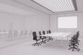 Modern concrete office meeting room interior with blank white mock up frame on wall, furniture, daylight, and equipment. Workplace Royalty Free Stock Photo