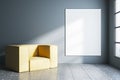 Modern concrete room with armchair, window, sunlight and empty white mock up banner. Royalty Free Stock Photo