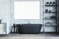 Modern concrete and wooden bathroom interior with empty white mock up banner, various objects. Royalty Free Stock Photo