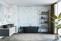 Modern concrete and wooden bathroom interior with various objects.