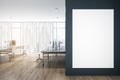 Modern concrete and wooden coworking office interior with empty mock up poster on wall, white curtains, windows and city view, Royalty Free Stock Photo