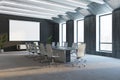 Modern concrete and wooden meeting room interior with empty white mock up banner, window city view and daylight. Law and legal Royalty Free Stock Photo