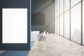 Modern concrete and wooden meeting room interior with empty white mock up poster, bright panoramic window with city view and Royalty Free Stock Photo