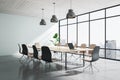 Modern concrete and wooden meeting room office interior with panoramic windows, city view, lamps and furniture. 3D