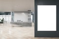 Modern concrete and wooden office interior with empty mock up poster on wall, reception desk and window with city view. Office Royalty Free Stock Photo