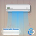 Modern conditioner with cold air flow at home vector illustration, advertisement banner template or background.