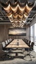 Modern conference room with artistic wooden ceiling design Royalty Free Stock Photo