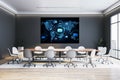 Modern conference room with digital email network on world map screen, representing global communication and technology business Royalty Free Stock Photo