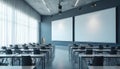 Modern conference room with empty seats and tables arranged in rows. Two large projection screens on wall. Bright daylight Royalty Free Stock Photo