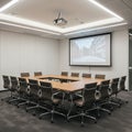 Modern conference room featuring a rectangular table with brown leather swivel Royalty Free Stock Photo
