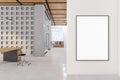 Modern conference room interior with empty white mock up banner, furniture and window with city view and daylight. Wooden concrete