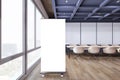 Modern conference room interior with empty white roll-up mockup banner, furniture, wooden flooring and window and city view. 3D Royalty Free Stock Photo