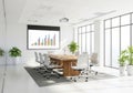 Modern conference room with a large oval table and projection screen displaying a bar chart Royalty Free Stock Photo