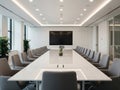 Modern conference room with large table and display screen Royalty Free Stock Photo