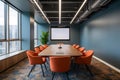 Modern conference room with orange chairs, large windows, blue walls, linear lighting, screen, and plants