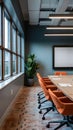 Modern conference room with orange chairs, large windows, blue walls, linear lighting, screen, and plants