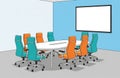 Modern conference room with oval table and colorful ergonomic chairs facing a blank whiteboard Royalty Free Stock Photo
