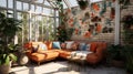 A modern conservatory with a 3D botanical garden wall pattern