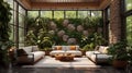 A modern conservatory with a 3D botanical garden wall pattern