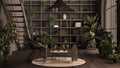 Modern conservatory, winter garden, gray interior design, lounge with rattan armchair and table. Mezzanine with iron staircase,