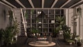 Modern conservatory, winter garden, white and gray interior design, lounge with rattan armchair, table. Mezzanine and iron