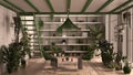 Modern conservatory, winter garden, white and green interior design, lounge, rattan armchair, table. Mezzanine and iron staircase