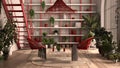Modern conservatory, winter garden, white and red interior design, lounge with rattan armchair, table. Mezzanine and iron