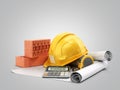 Modern construction costing concept hard hat bricks and tape measure in the drawings next to the calculator 3d render on grey Royalty Free Stock Photo