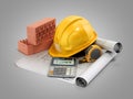 Modern construction costing concept hard hat bricks and tape measure in the drawings next to the calculator 3d render on grey Royalty Free Stock Photo