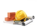 Modern construction costing concept hard hat bricks and tape measure in the drawings next to the calculator 3d render on white Royalty Free Stock Photo