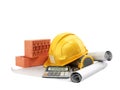 Modern construction costing concept hard hat bricks and tape measure in the drawings next to the calculator 3d render on white no Royalty Free Stock Photo