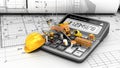 Modern construction costing concept hard hat bricks and tape measure in the drawings next to the calculator 3d render on white Royalty Free Stock Photo