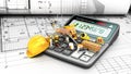 Modern construction costing concept hard hat bricks and tape measure in the drawings next to the calculator 3d render on white Royalty Free Stock Photo