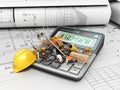 Modern construction costing concept hard hat bricks and tape measure in the drawings next to the calculator 3d render on white Royalty Free Stock Photo