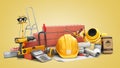 Modern construction costing concept hard hat bricks wall and tape measure in the drawings next to the calculator 3d render on Royalty Free Stock Photo