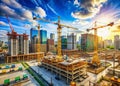 Modern Construction Marvel Witnessing the Evolution of a MultiPhase Building Project with Towering Cranes and Royalty Free Stock Photo