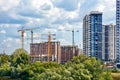 Modern construction of residential high-rise complexes using tower cranes and the method of monolithic frame technology Royalty Free Stock Photo