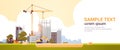 Modern construction site with cranes tractor and bulldozer unfinished building exterior sunset background flat Royalty Free Stock Photo