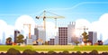 Modern Construction Site With Cranes Tractor And Bulldozer Unfinished Building Exterior Sunset Background Flat