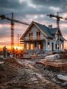 modern construction site at sunset, featuring partially built house surrounded by cranes and workers. warm glow of setting sun Royalty Free Stock Photo